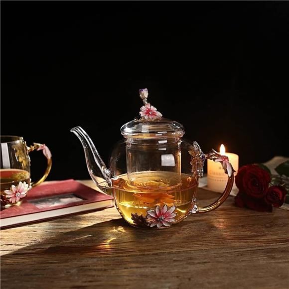 Enamel Glass Flower Teapot With Removable Loose Tea Leaf Infuser Tea Maker,Gifts - Picture 2 of 7